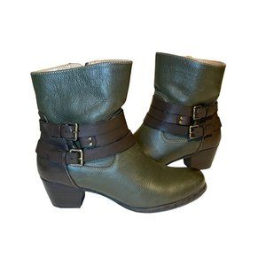 Naturalized Olive Green with Brown Belted Accent Short Boot with Heel Sz 7M